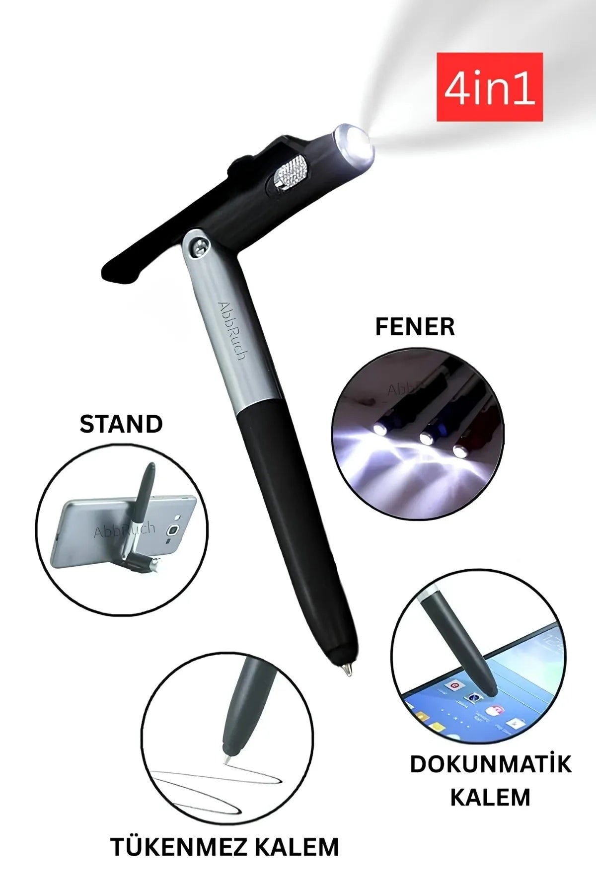 4in1 Dokunmatik Kalem, Tükenmez Kalem, Telefon Standı Ve El Feneri