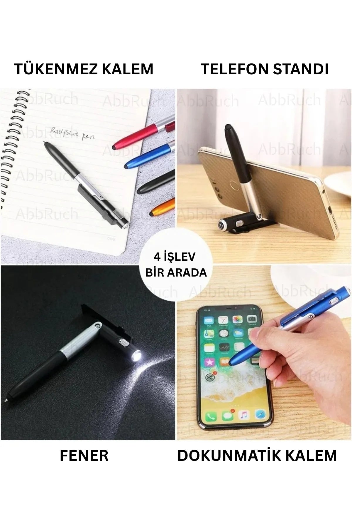 4in1 Dokunmatik Kalem, Tükenmez Kalem, Telefon Standı Ve El Feneri