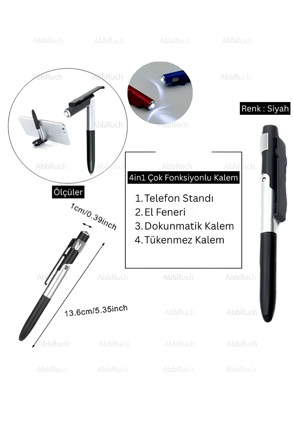 4in1 Dokunmatik Kalem, Tükenmez Kalem, Telefon Standı Ve El Feneri